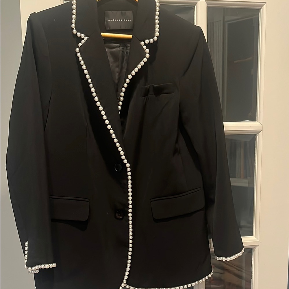 Zara Black Pearl-Trim Blazer Elegant Suit Jacket